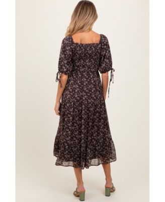 Maternity Dark Brown Floral Smocked Sleeve Tie Midi Dress