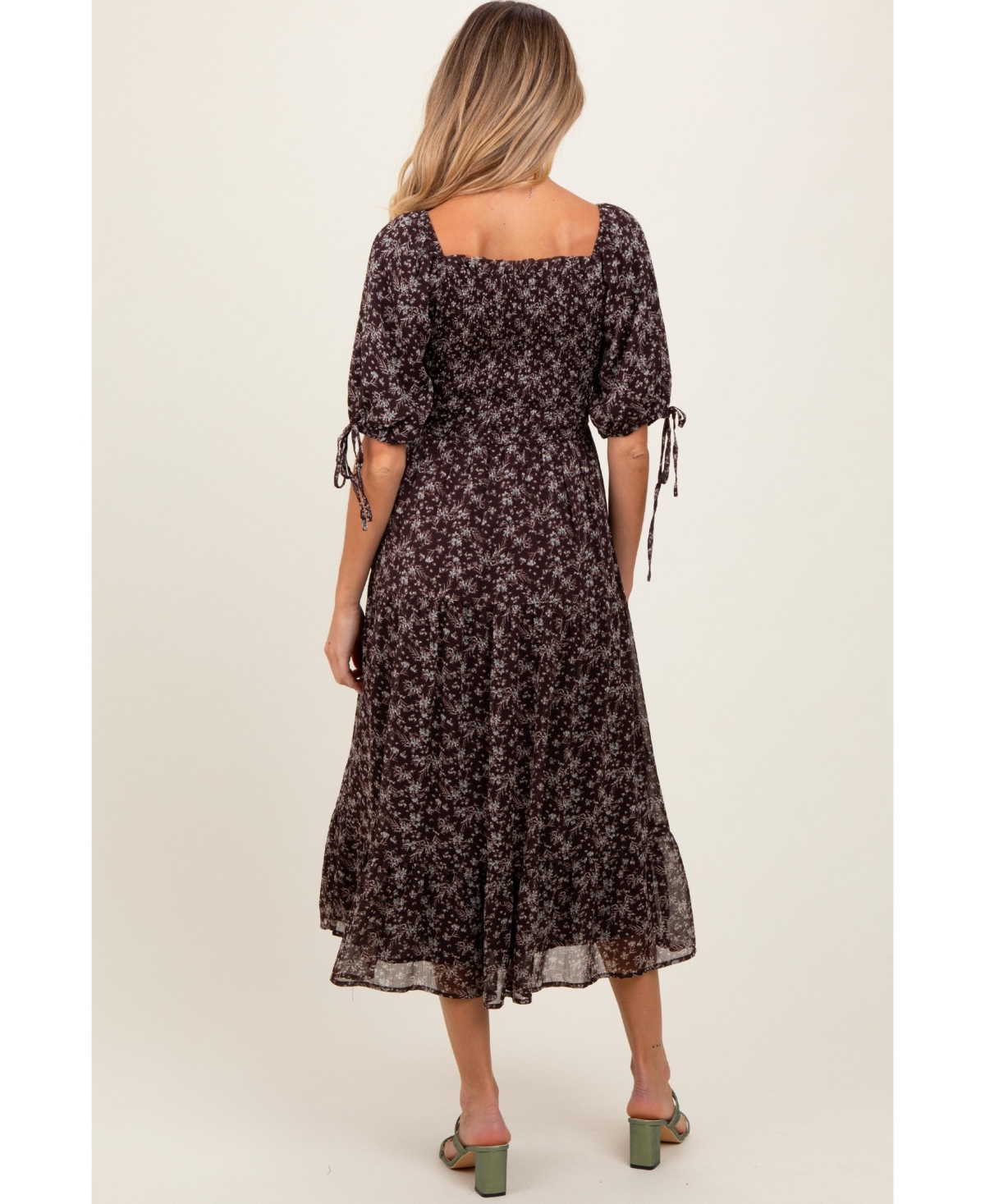 Pinkblush Maternity Dark Brown Floral Smocked Sleeve Tie Midi Dress