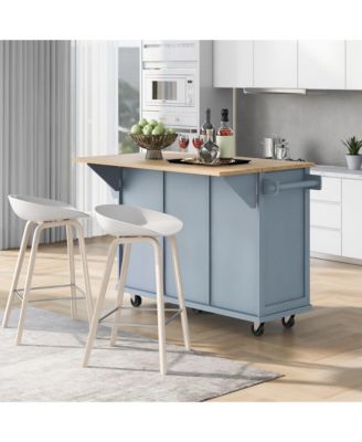 Kitchen Cart with Rubber Wood Drop Leaf, Internal Storage Racks, Rolling Island with Cabinet and 3 Drawers for Dining Room