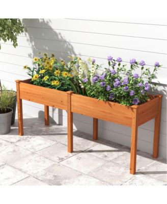 Fir Wood Outdoor Raised Garden Bed with Divider Panel and Drainage Holes-Yellow