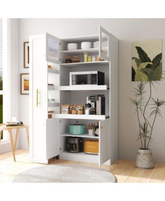 Kitchen Pantry Cabinet with 4 Doors and Pull-Out Multi-Tier Shelves, Storage Organizer for Kitchen and Dining