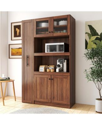 Kitchen Pantry Cabinet with 4 Doors and Pull-Out Multi-Tier Storage Shelves for Kitchen and Dining Room