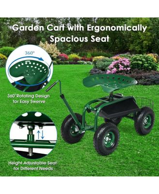 Extendable Handle Garden Cart Rolling Wagon Scooter-Green