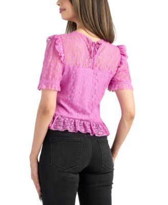 Junior's Heart Lace Puff Short-Sleeve Top