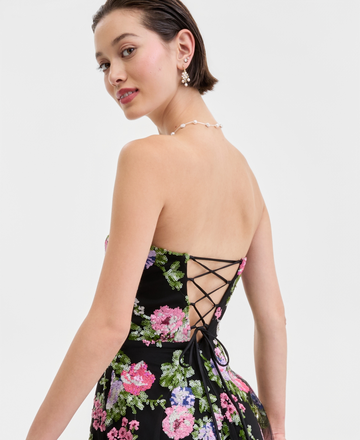 Say Yes Juniors' Floral-Sequinned Strapless Gown