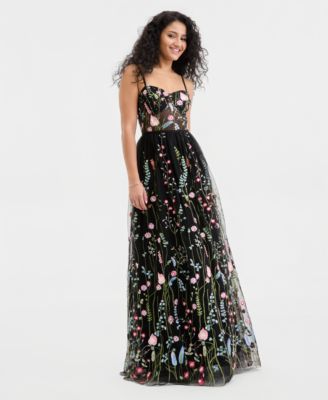 Juniors' Floral Embroidered Mesh Gown, Created for Macy's