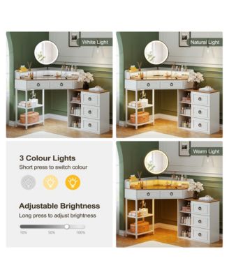 Corner Vanity Desk – Mirror with 3-Color LED Lights and Built-In Charging Station