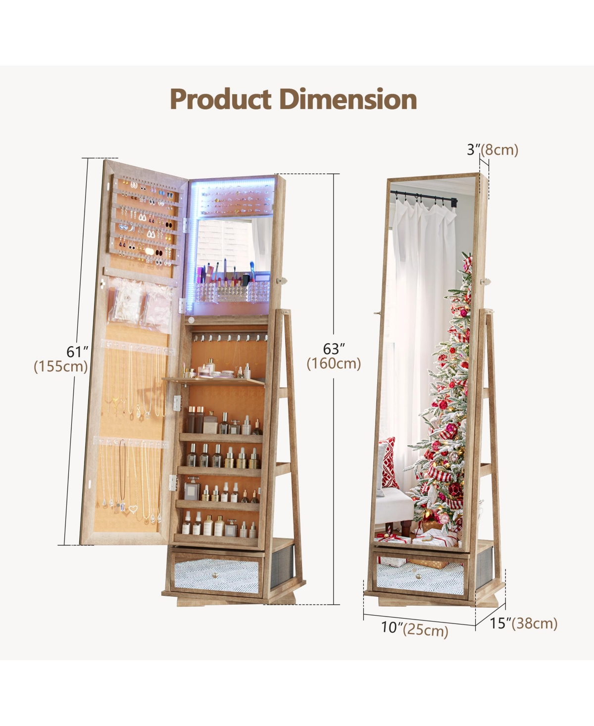 Vlsrka Jewelry freestanding storage mirror cabinet with shelves, built-in lights, and rotating feature.