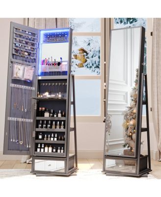Jewelry freestanding storage mirror cabinet with storage shelves, built-in lights, and rotating feature.