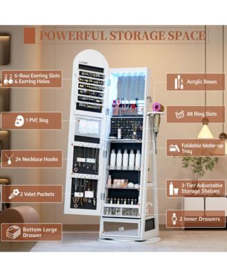 360&deg; Rotating Jewelry Cabinet with LED Lighting & Lockable Full-Length Mirror