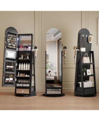 360&deg; Swivel Jewelry Armoire with LED Lights & Lockable Mirror