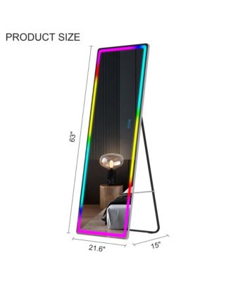 Wall-mounted or freestanding rectangular full-length mirror with adjustable RGB lighting.