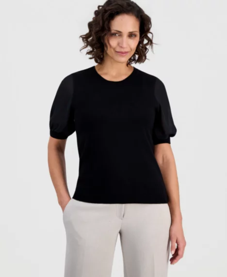 Women's Chiffon Puffed-Sleeve Sweater, Regular & Petite - Black