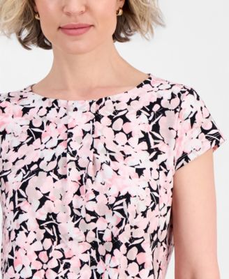 Women's Floral Pleat-Front Cap-Sleeve Top
