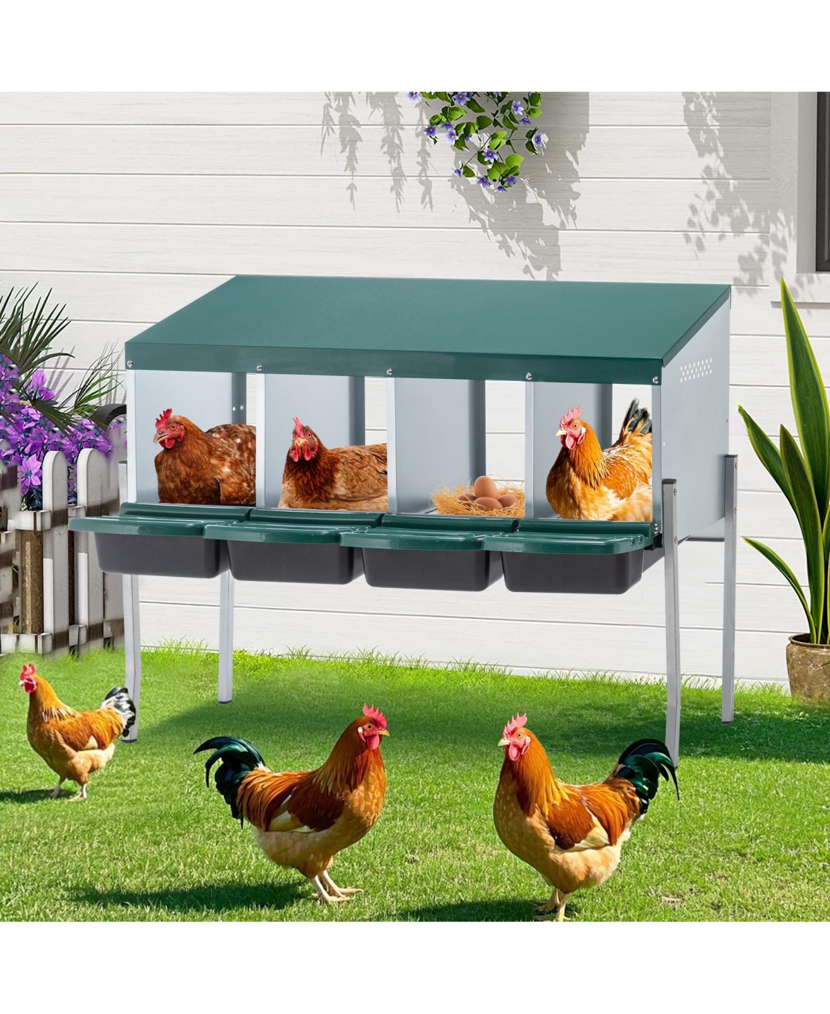Aostirmotor 13 in. 4-Hole Chicken Nest With Legs And Cover to Protect Eggs in Green
