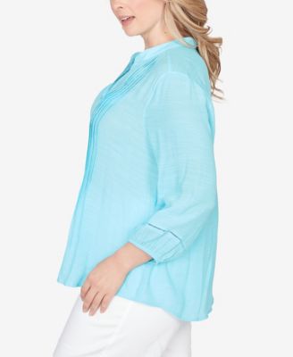 Plus Size Solid Silky Slub Pleated Button Front Top