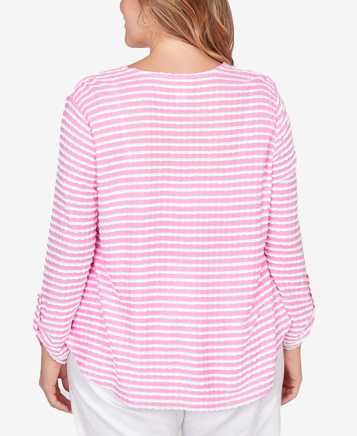 Ruby Rd. Plus Size Mitered Scallop Stripe Tunic Top In Pink