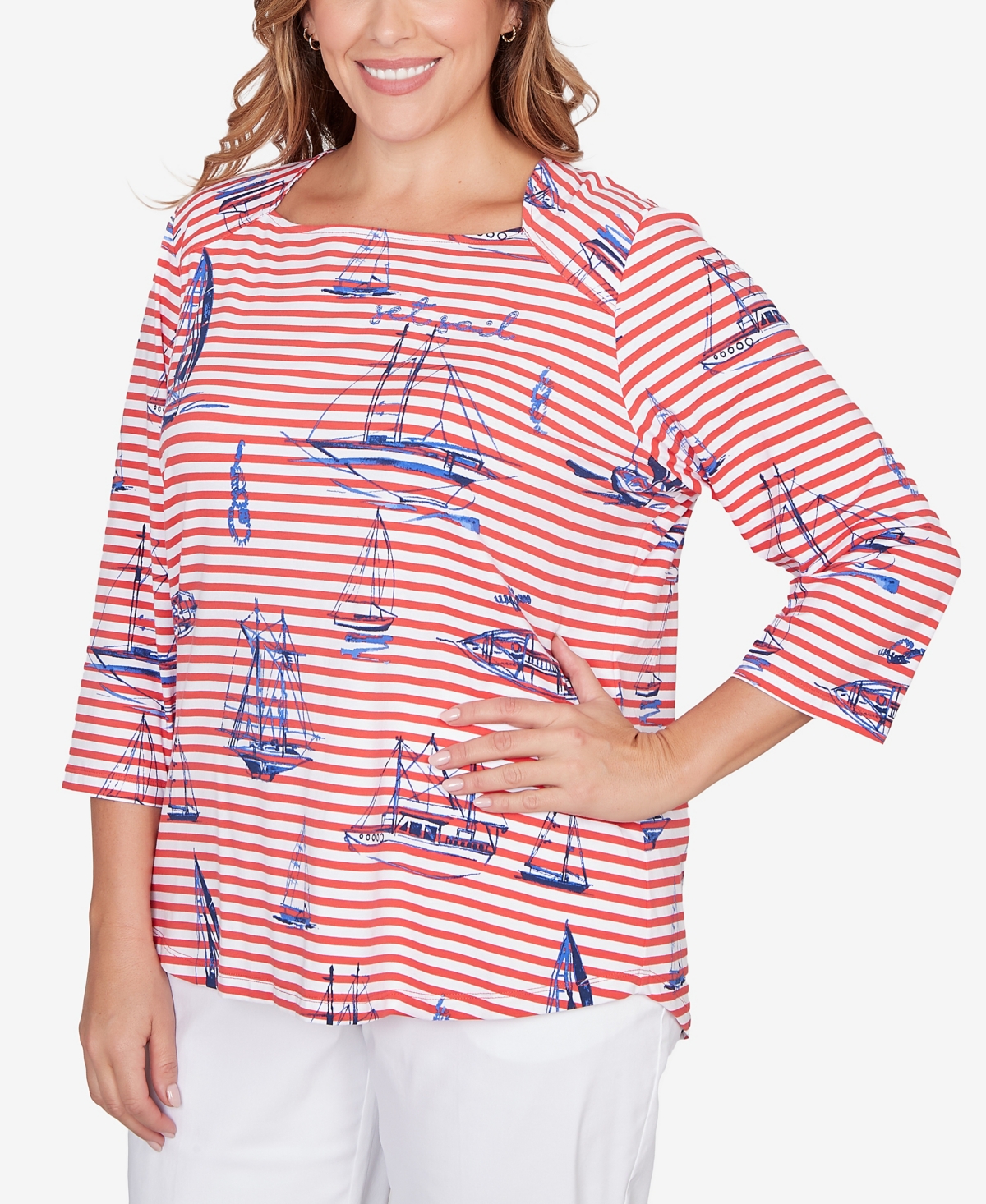 Ruby Rd. Plus Size Striped Sailboat Knit Top In Red