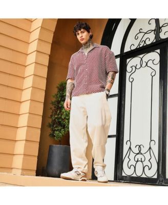 Men's Crimson Red Geometric-Crochet Cuban Oversized Shirt