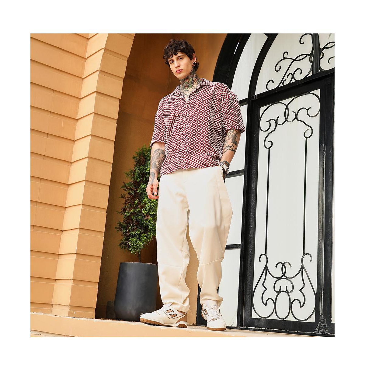 Campus Sutra Men's Crimson Red Geometric-Crochet Cuban Oversized Shirt