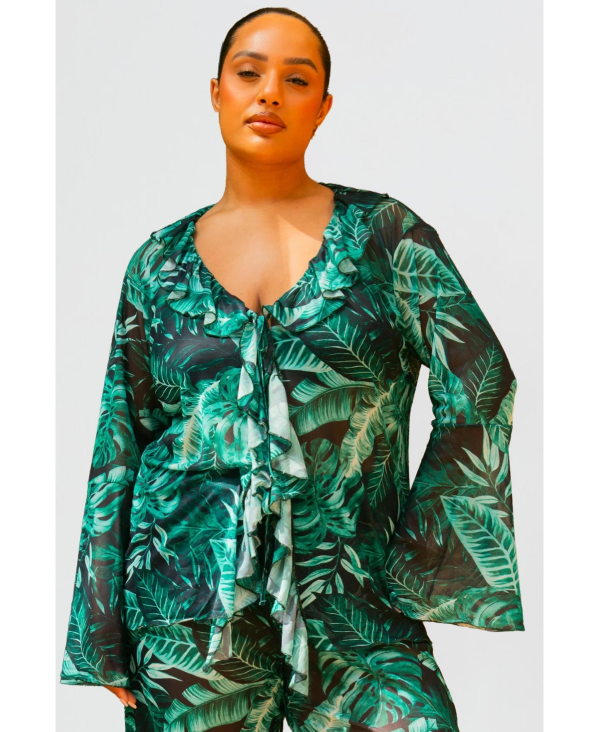 Fashion-szn Curve Women's Palm Print Ruffle Resort Top