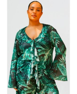 FASHION-SZN CURVE Women's Curve Palm Print Ruffle Resort Top - Macy's