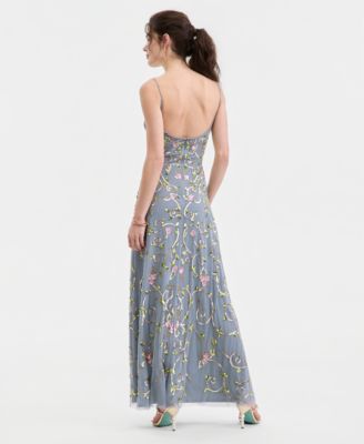 Juniors' Floral Sequin Sleeveless Mesh Gown