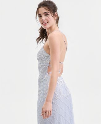 Juniors' Beaded-Mesh Evening Gown