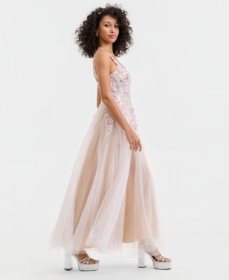 Juniors' 3D-Floral Illusion-Bodice Gown