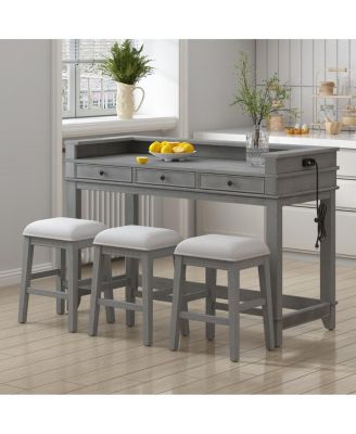 4-Piece Counter Height Dining Set with 3 Upholstered Stools, Storage Drawers & USB Charging for Small Spaces