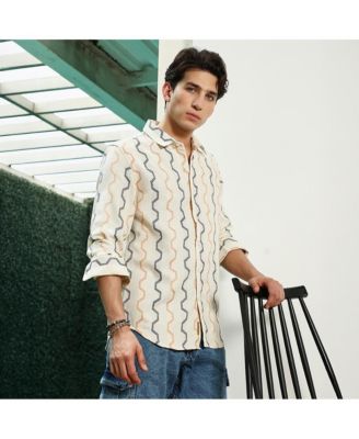 Men's Off White Zigzag Pattern Full Sleeve Cotton Blend Shirt