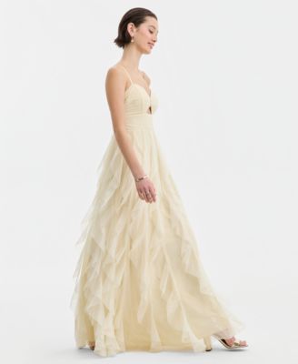 Juniors' Strappy Mesh Petal Ball Gown