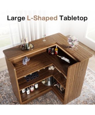 L-Shaped Kitchen Island, with Storage Shelves & Wine Glass Holder, Brown
