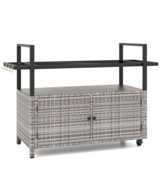 Outdoor Bar Cart Wicker Buffet Serving Cart with Cabinet and 8 Hooks