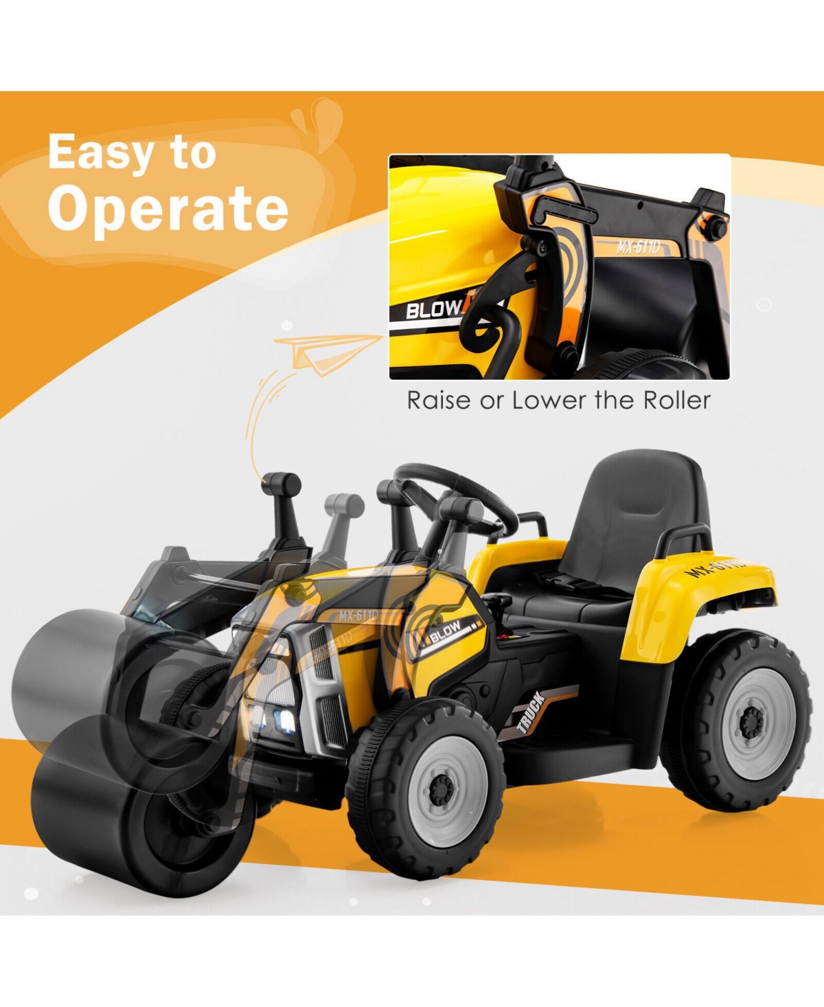 Sugift 12V Kids Ride on Road Roller with 2.4G Remote Control