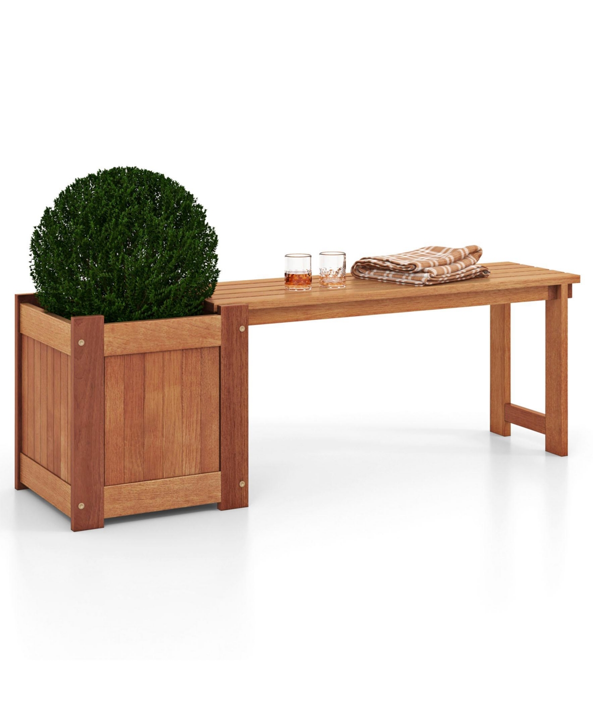 Sugift Teak Oil Finish Raised Garden Bed Wood Planter Box with Bench