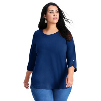 Women's Plus Size Sabrina Btn Dtl 3/4 Slv Top
