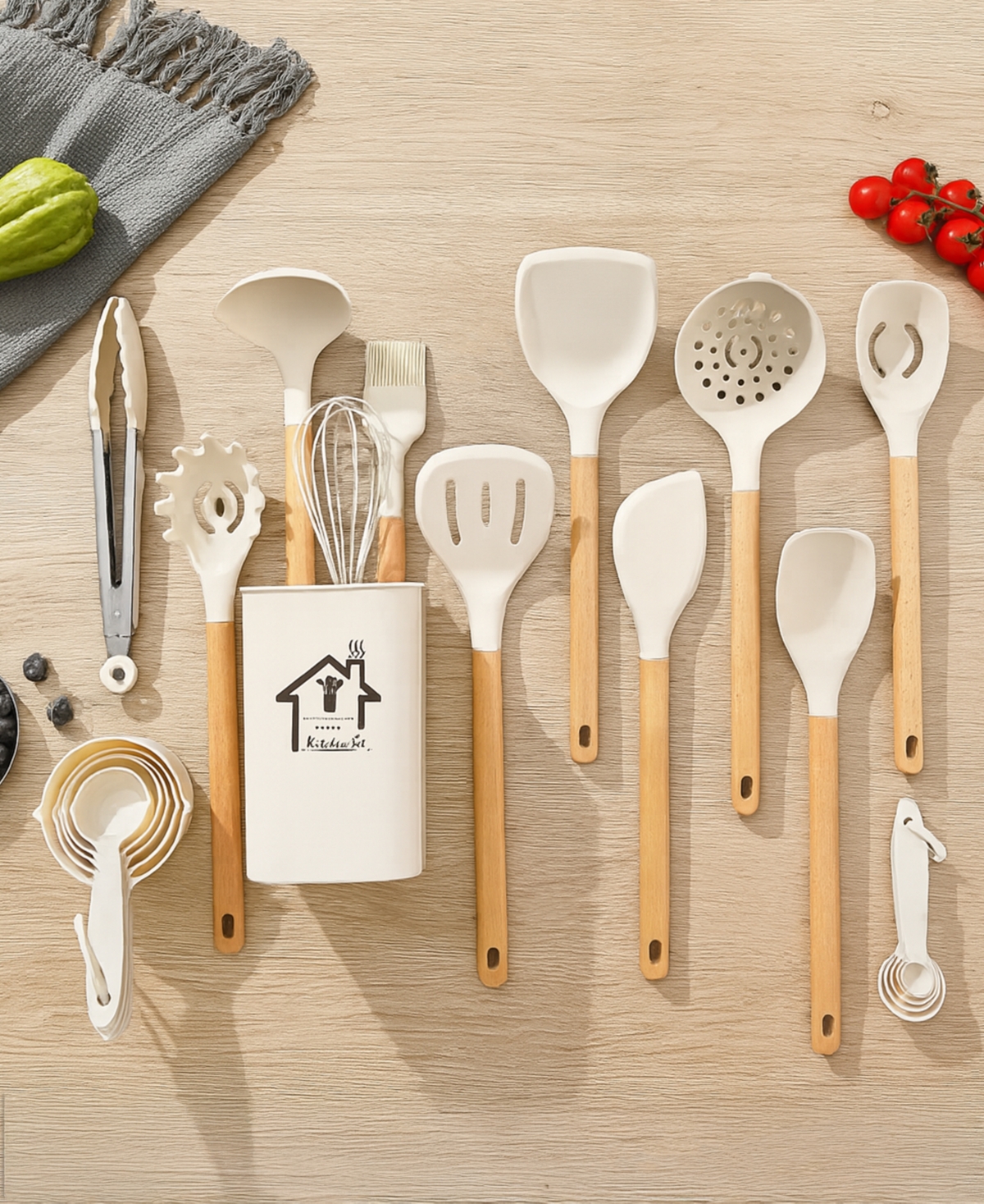 Sugift 9-Piece Natural Teak Wooden Kitchen Utensils Set