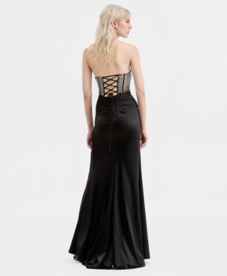 Juniors' Illusion-Bodice High-Slit Gown