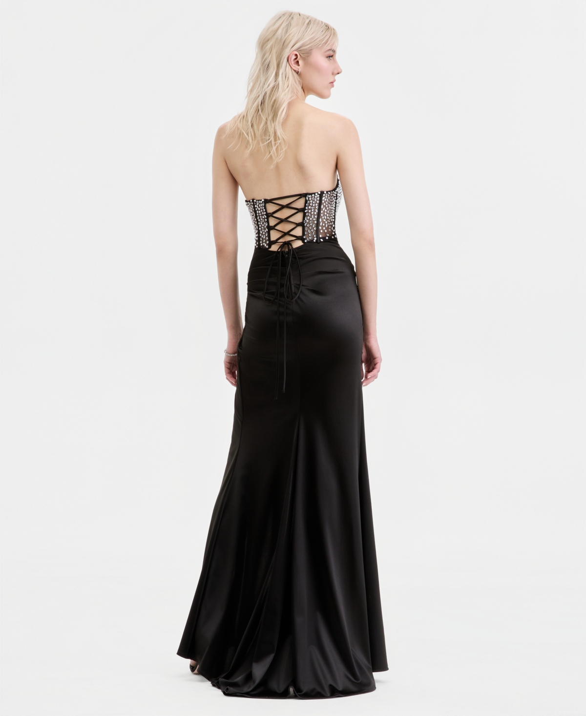 B Darlin Juniors' Illusion-Bodice High-Slit Gown