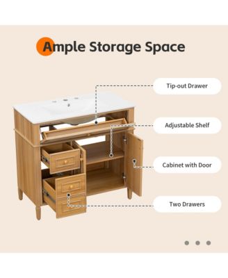 36" Bathroom Vanity with Sink, Wood Vanity Cabinet with Flip-Out Drawer, Solid Wood & MDF, Elegant Rubber Wood Handles