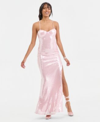 Juniors' Sequin Sweetheart Open-Back Gown