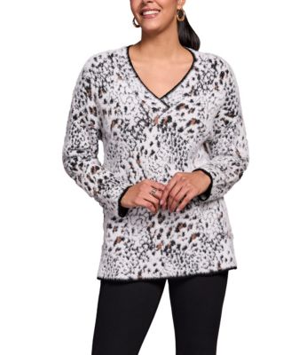 Women's Fuzzy Animal Print Long-Sleeve V-Neck Sweater