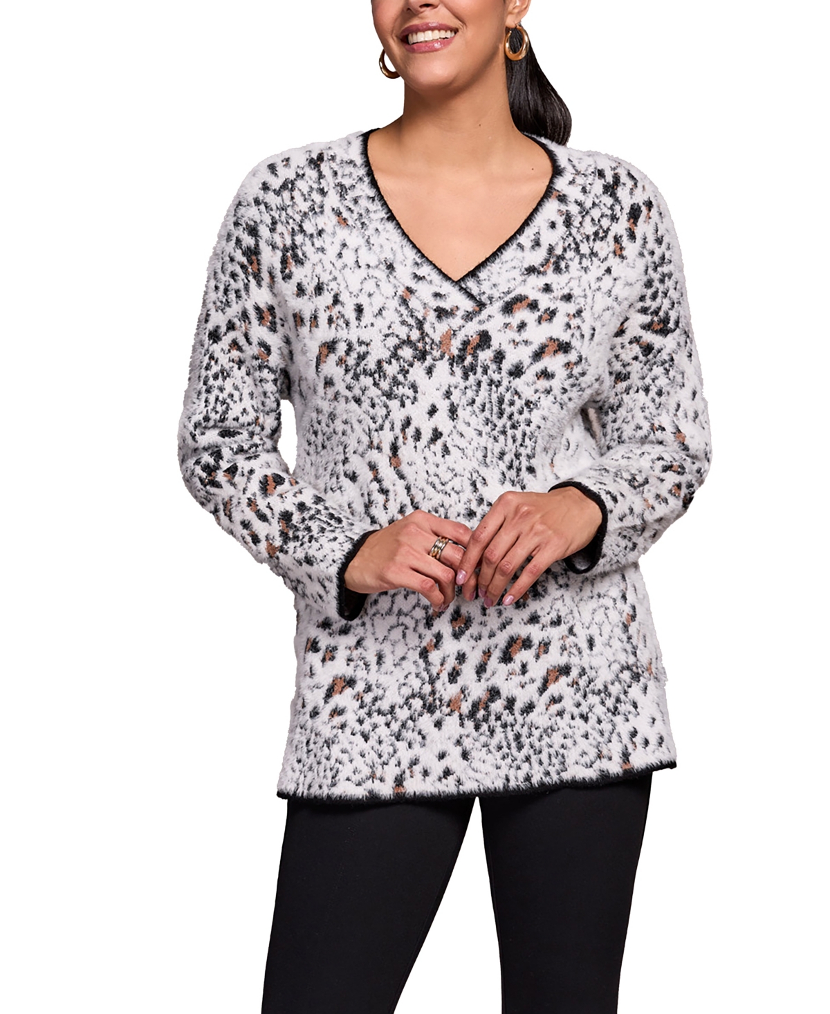 Tribal Women's Fuzzy Animal Print Long-Sleeve V-Neck Sweater
