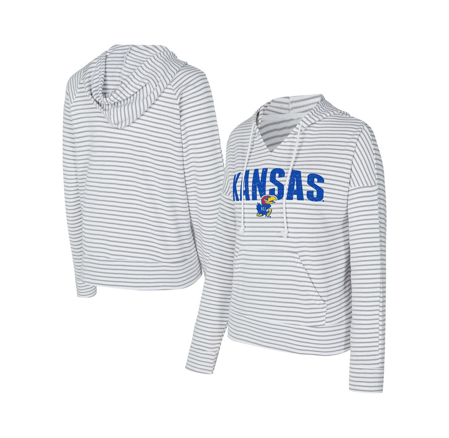 Men's White/Gray Kansas Jayhawks French Terry Striped V-Neck Pullover Hoodie