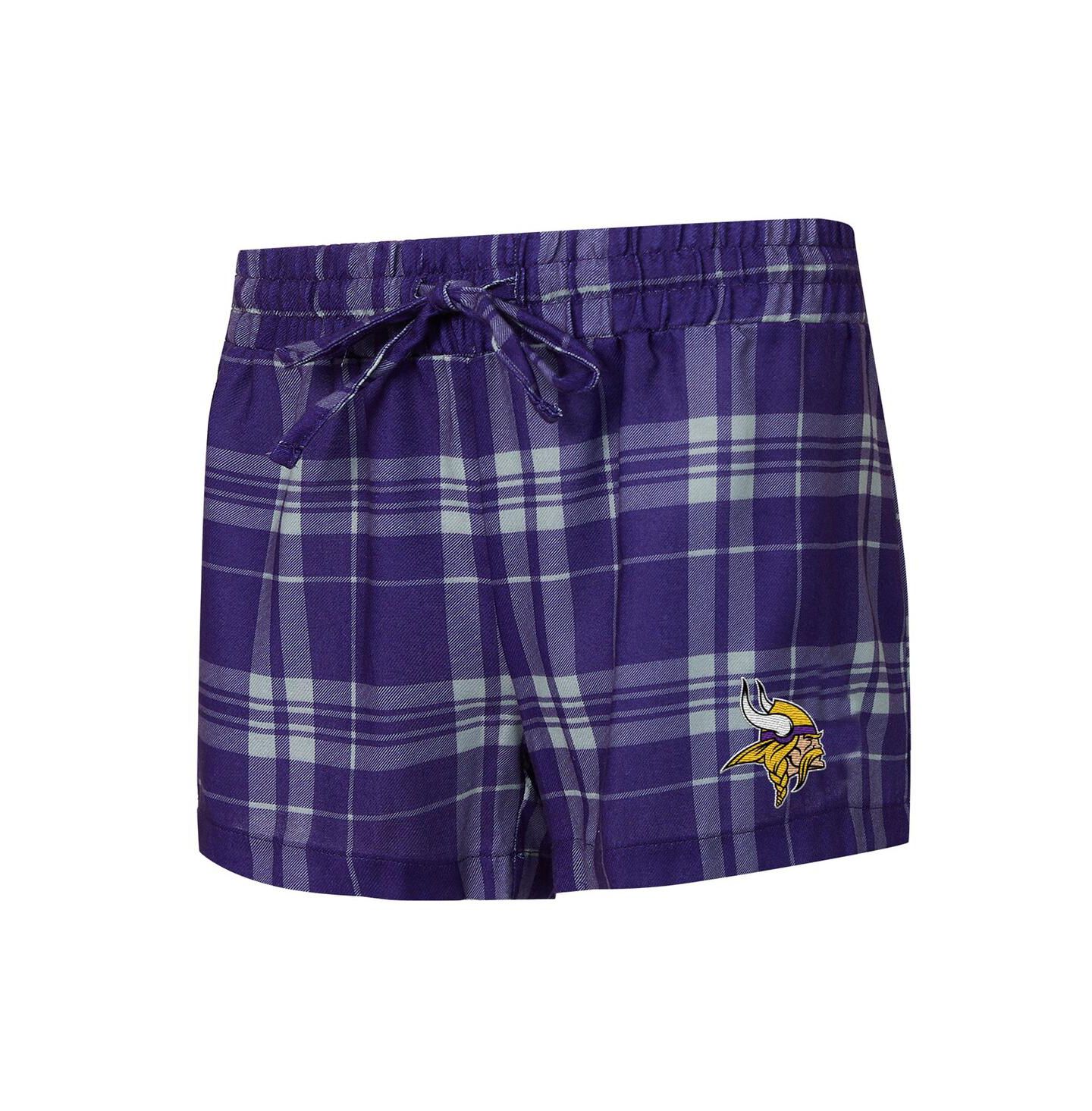 Женские пижамы Concepts Sport Women's 2-Piece Heather Gray/Purple Minnesota Vikings Regulate Plaid Long-Sleeve T-Shirt and Shorts Sleep Set — фото 2