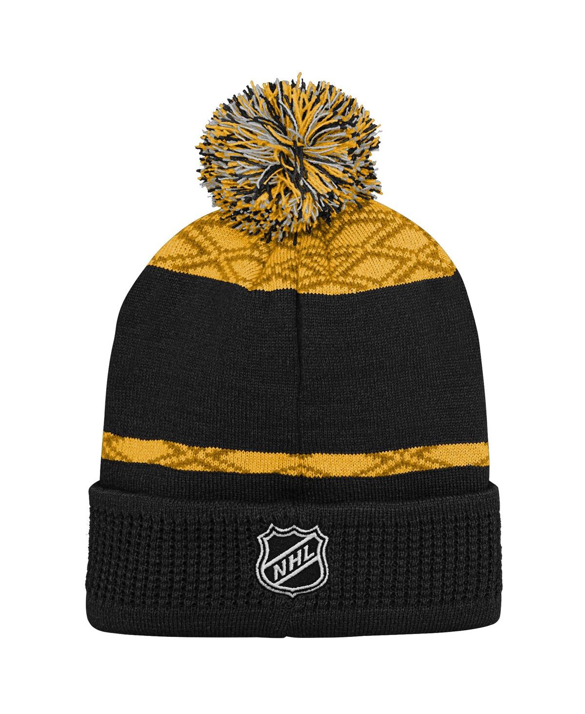 Outerstuff Big Boys And Girls Gold Boston Bruins Puck Pattern Cuffed With Pom Knit Hat In Black