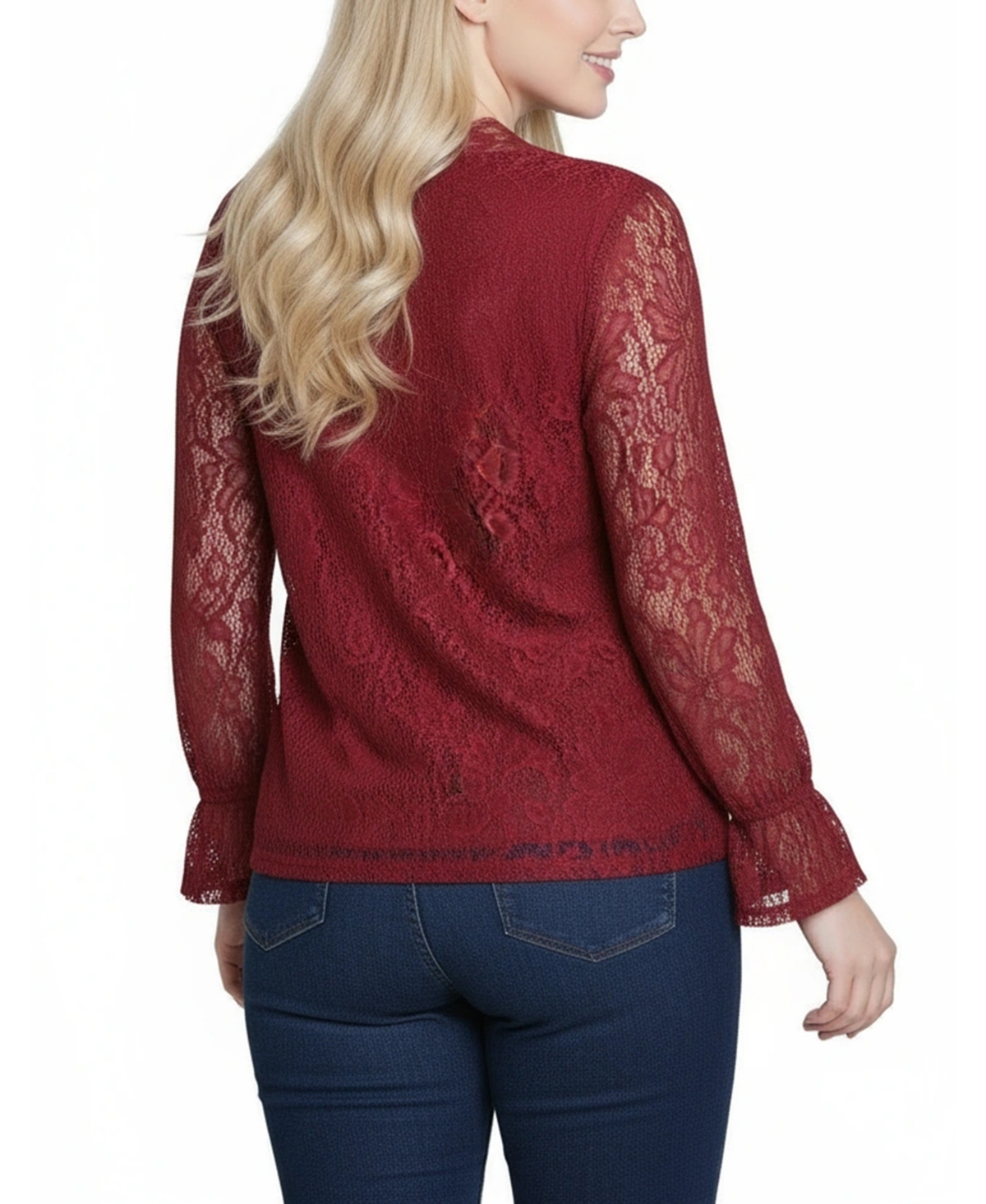 Ny Collection Women's Long Bell Sleeve Lace Top In Red