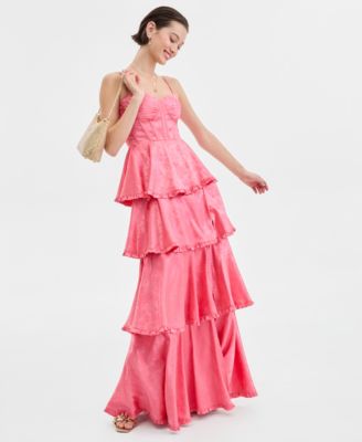 Juniors' Sweetheart-Neck Tiered Slit-Front Gown