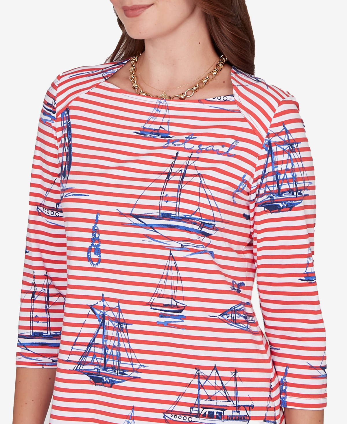 Ruby Rd. Petite Striped Sailboat Knit Top In Red